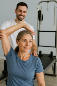 persona assistita da Chinesiologo duranrte una lezione di Pilates Terapeutico