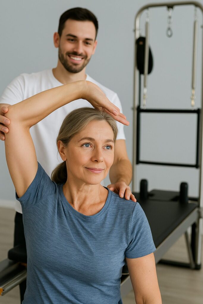persona assistita da Chinesiologo duranrte una lezione di Pilates Terapeutico
