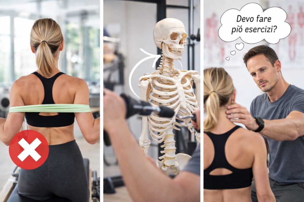 Esercizio di rinforzo eseguito con tensione e compensi: esempio di come gli esercizi posturali, se non personalizzati, non migliorano realmente la postura.