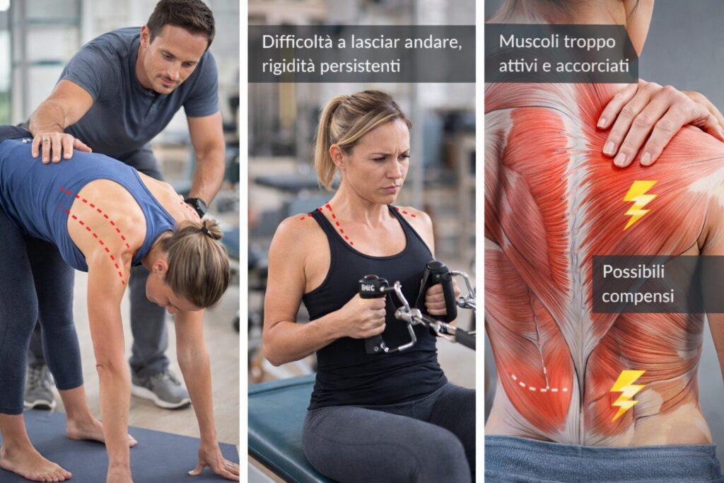 Rigidità muscolare e accorciamenti cronici evidenziati lungo la schiena: la postura è il risultato di tensioni e compensi, non solo di mancanza di esercizio.