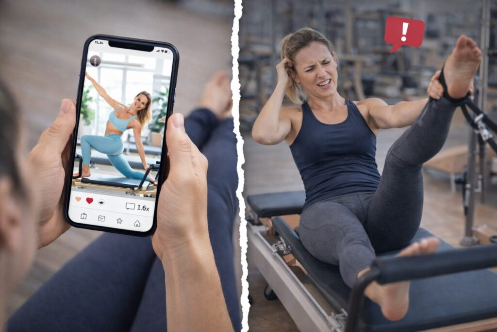 Contrasto tra Pilates sui social e realtà in studio: aspettative create dagli influencer e difficoltà reali nell’esecuzione degli esercizi.