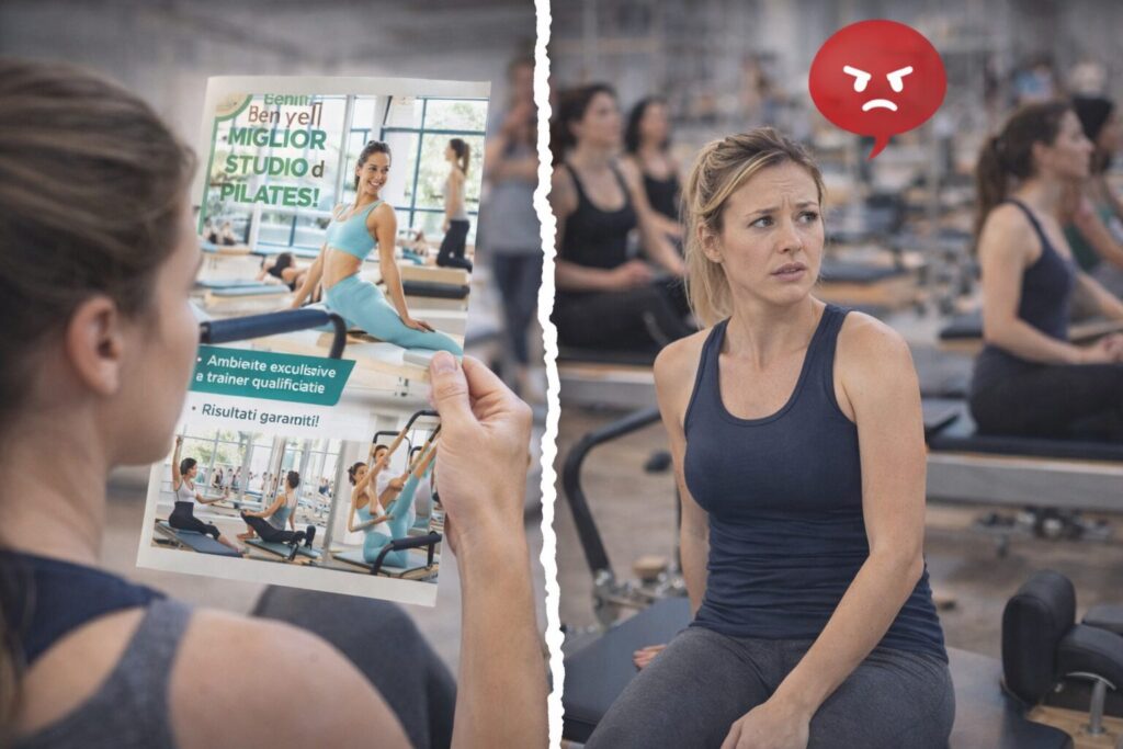 Contrasto tra pubblicità patinata di uno studio Pilates e realtà di una classe affollata: aspettative create dal marketing e delusione dell’esperienza reale.