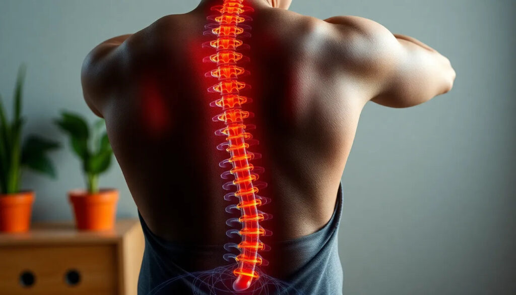 Una persona in piedi in casa, con una mano appoggiata sulla zona lombare e il busto leggermente inclinato, esprime la tipica sensazione di rigidità della schiena che molte persone provano al mattino o dopo molte ore sedute.